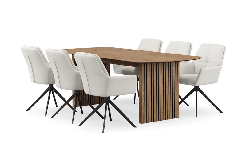 Richeto Spisegruppe 210 cm med 6 Torsby Drejestole, Naturlig finish/Lys beige