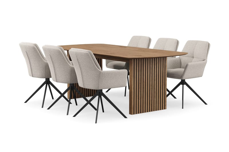 Richeto Spisegruppe 210 cm med 6 Torsby Drejestole - Naturlig finish/Mørk beige - Møbler - Borde - Spisebordssæt