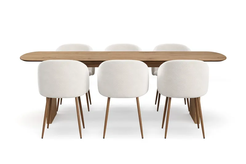 Richeto spisegruppe 240 cm med 6 Greya spisebordsstole med armlæn, Røget Eg/Hvid bouclé