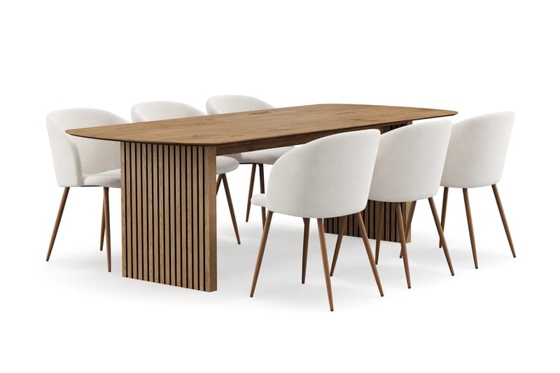 Richeto spisegruppe 240 cm med 6 Greya spisebordsstole med armlæn - Røget Eg/Hvid bouclé - Møbler - Borde - Spisebordssæt