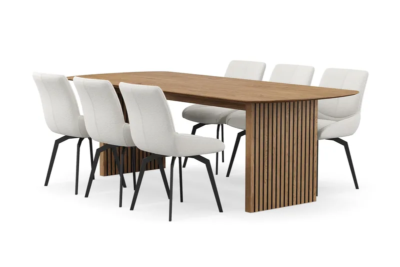 Richeto Spisegruppe 240 cm med 6 Mora Drejestole, Naturlig finish/Lys beige
