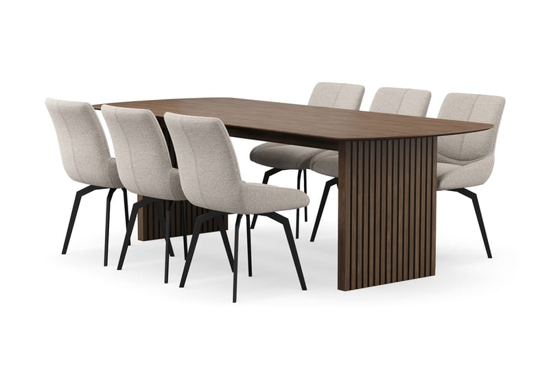 Richeto Spisegruppe 240 cm med 6 Mora Drejestole, Røget eg/Mørk beige
