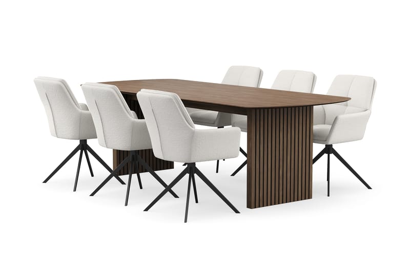 Richeto Spisegruppe 240 cm med 6 Torsby Drejestole, Røget eg/Lys beige