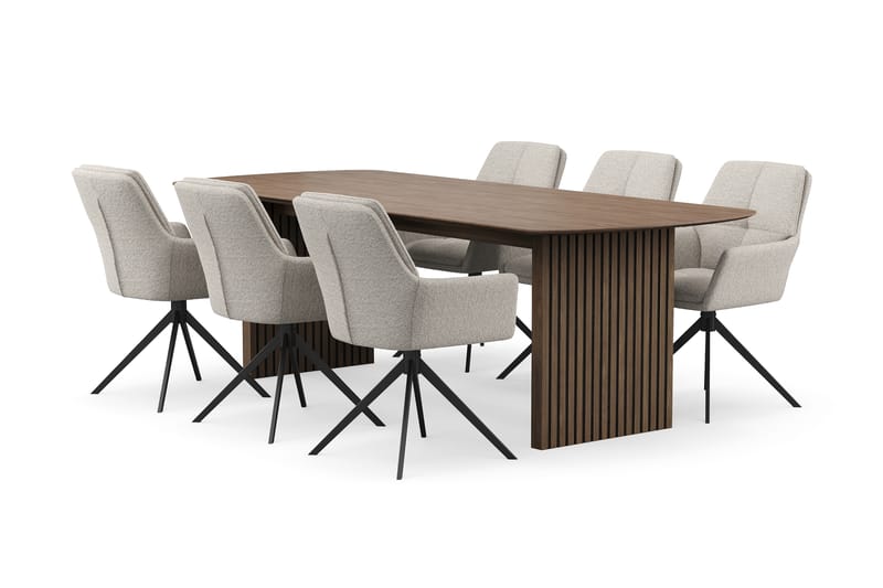 Richeto Spisegruppe 240 cm med 6 Torsby Drejestole - Røget eg/Mørk beige - Møbler - Borde - Spisebordssæt