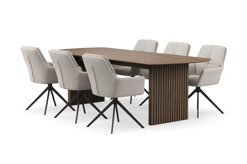 Richeto Spisegruppe 240 cm med 6 Torsby Drejestole, Røget eg/Mørk beige