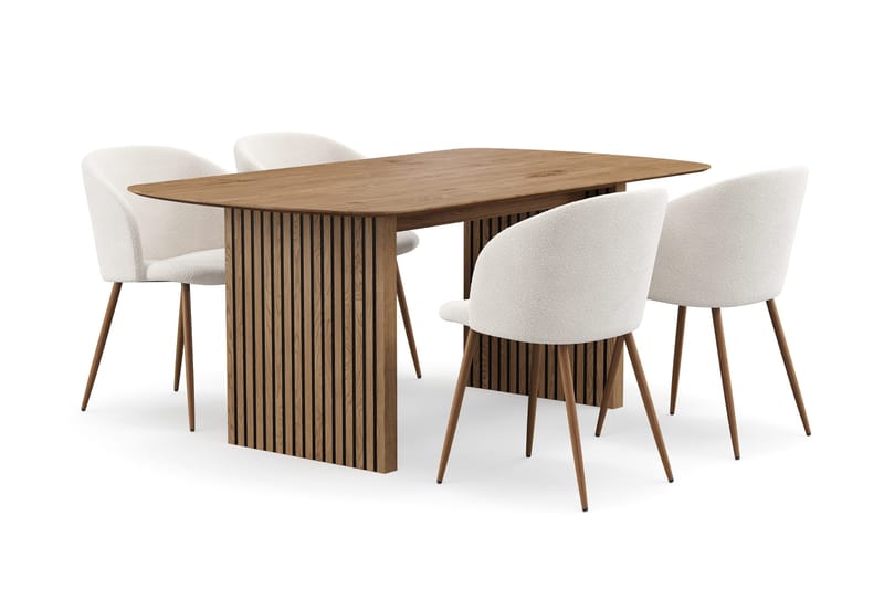 Richeto spisegruppe med 4 Greya spisebordsstole med armlæn - Naturlig finish/hvid bouclé - Møbler - Borde - Spisebordssæt