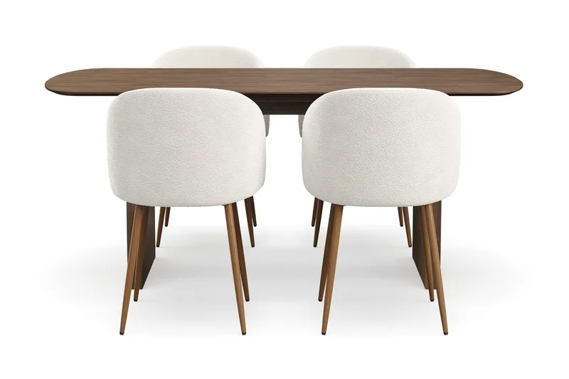 Richeto spisegruppe med 4 Greya spisebordsstole med armlæn, Røget Eg/Hvid bouclé