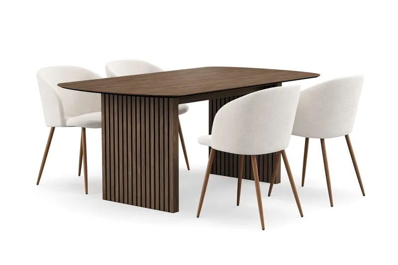 Richeto spisegruppe med 4 Greya spisebordsstole med armlæn - Røget Eg/Hvid bouclé - Møbler - Borde - Spisebordssæt