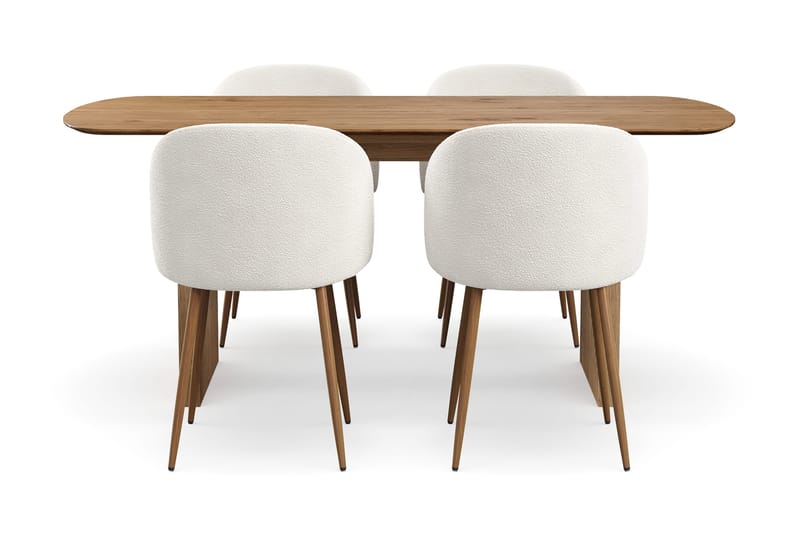 Richeto Spisegruppe med 4 Greya Spisestole med Armlæn, Naturlig Finish/Hvid Bouclé