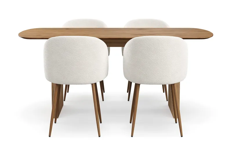 Richeto Spisegruppe med 4 Greya Spisestole med Armlæn, Naturlig Finish/Hvid Bouclé