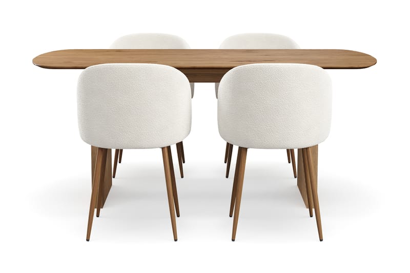 Richeto Spisegruppe med 4 Greya Spisestole med Armlæn, Naturlig Finish/Hvid Bouclé