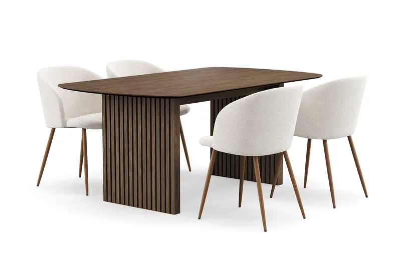 Richeto Spisegruppe med 4 Greya Spisestole med Armlæn - Røget Eg/Hvid Bouclé - Møbler - Borde - Spisebordssæt