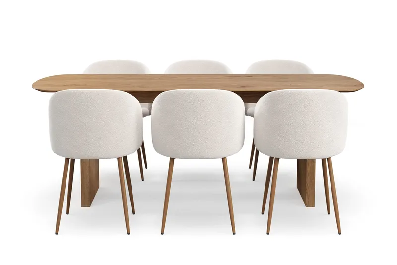 Richeto spisegruppe med 6 Greya spisebordsstole med armlæn, Naturlig finish/hvid bouclé