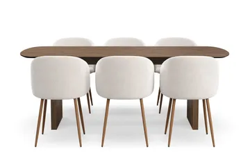 Richeto spisegruppe med 6 Greya spisebordsstole med armlæn - Naturlig finish/hvid bouclé - Møbler - Borde - Spisebordssæt