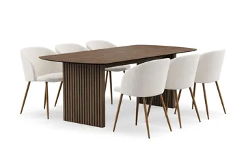 Richeto spisegruppe med 6 Greya spisebordsstole med armlæn - Naturlig finish/hvid bouclé - Møbler - Borde - Spisebordssæt