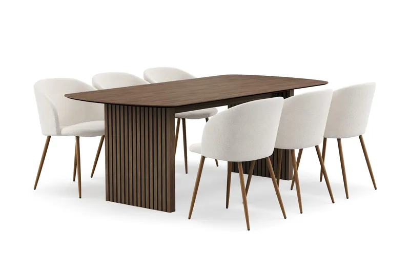 Richeto spisegruppe med 6 Greya spisebordsstole med armlæn - Naturlig finish/hvid bouclé - Møbler - Borde - Spisebordssæt