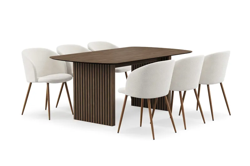 Richeto spisegruppe med 6 Greya spisebordsstole med armlæn - Røget Eg/Hvid bouclé - Møbler - Borde - Spisebordssæt