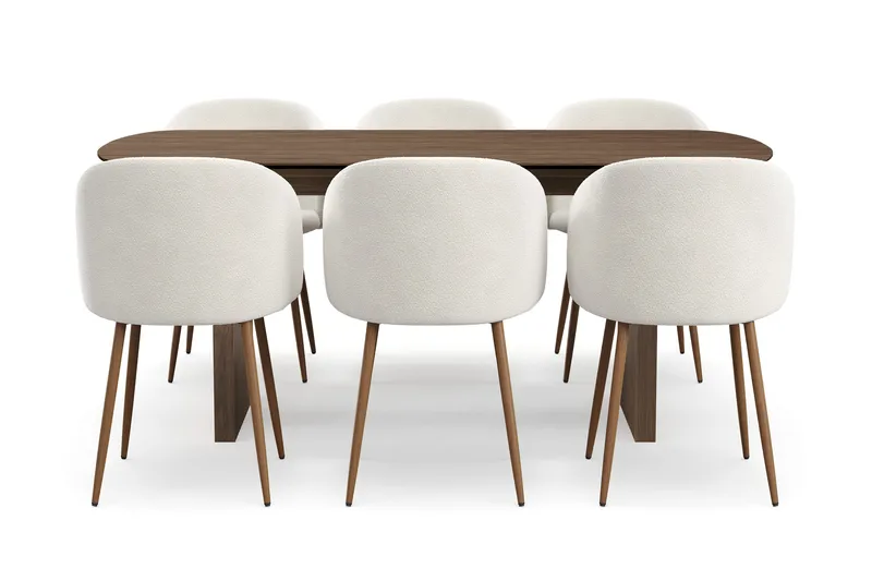 Richeto spisegruppe med 6 Greya spisebordsstole med armlæn, Røget Eg/Hvid bouclé