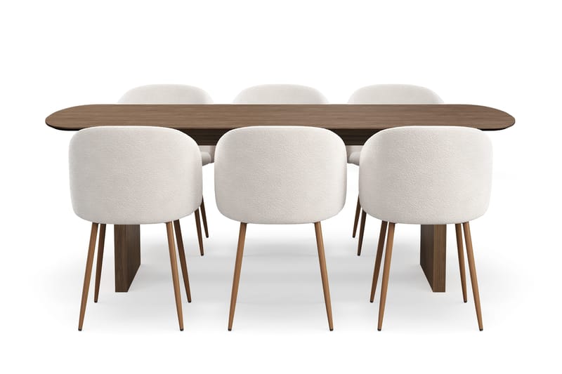 Richeto Spisegruppe med 6 Greya Spisestole med Armlæn, Naturlig Finish/Hvid Bouclé