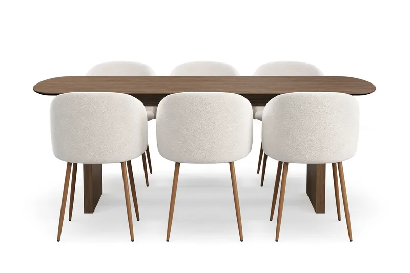 Richeto Spisegruppe med 6 Greya Spisestole med Armlæn, Naturlig Finish/Hvid Bouclé