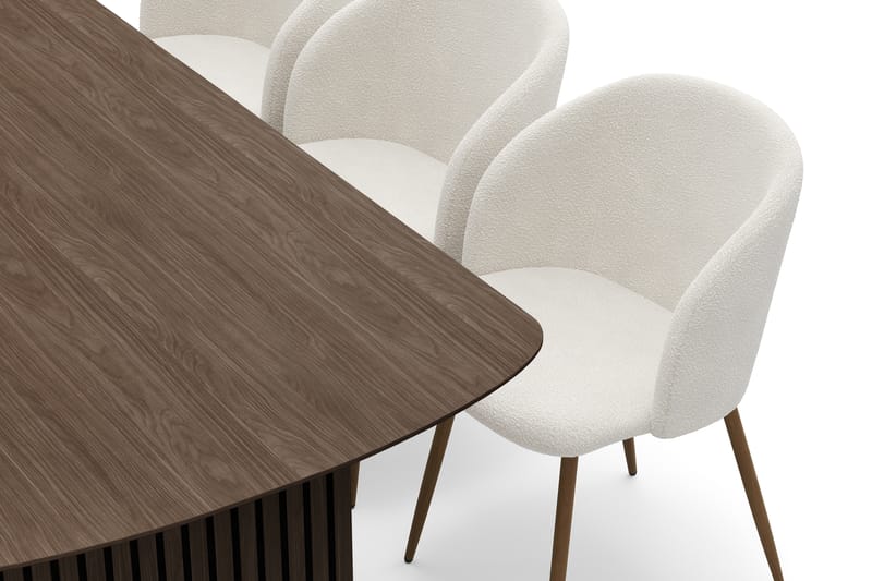 Richeto Spisegruppe med 6 Greya Spisestole med Armlæn - Naturlig Finish/Hvid Bouclé - Møbler - Borde - Spisebordssæt