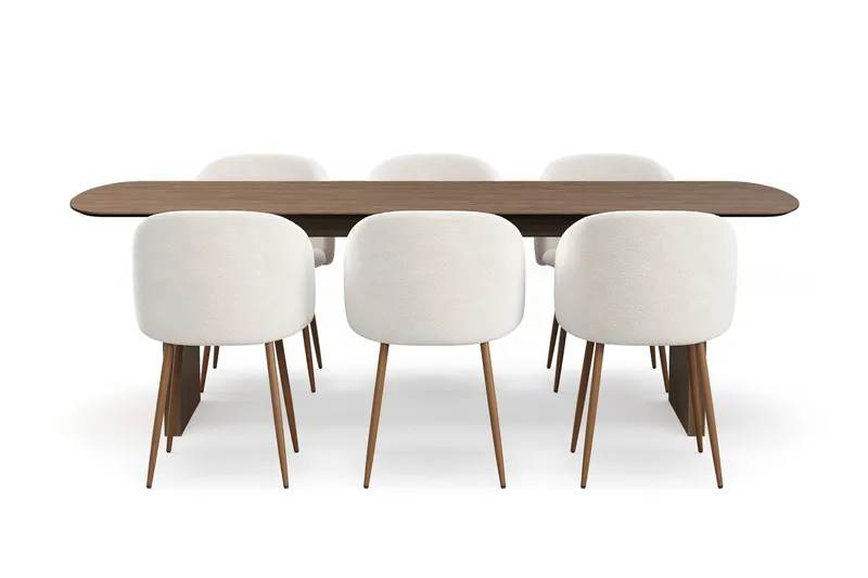 Richeto Spisegruppe med 6 Greya Spisestole med Armlæn, Røget Eg/Hvid Bouclé