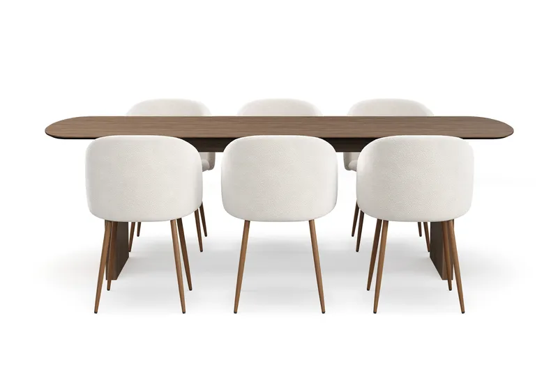 Richeto Spisegruppe med 6 Greya Spisestole med Armlæn, Røget Eg/Hvid Bouclé