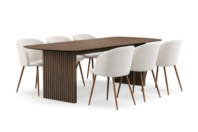 Richeto Spisegruppe med 6 Greya Spisestole med Armlæn - Røget Eg/Hvid Bouclé - Møbler - Borde - Spisebordssæt