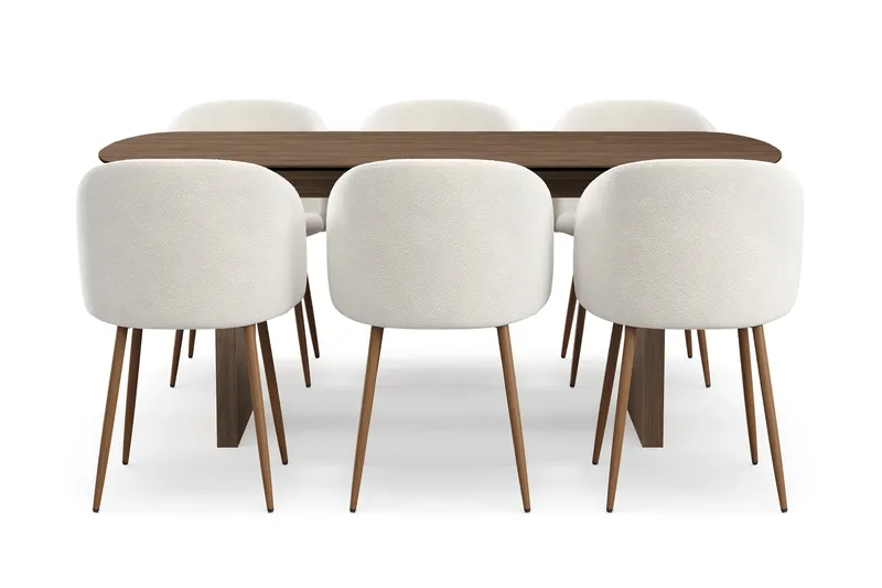 Richeto Spisegruppe med 6 Greya Spisestole med Armlæn, Røget Eg/Hvid Bouclé