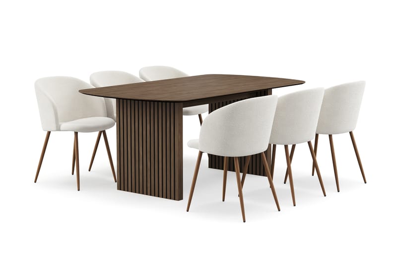 Richeto Spisegruppe med 6 Greya Spisestole med Armlæn - Røget Eg/Hvid Bouclé - Møbler - Borde - Spisebordssæt