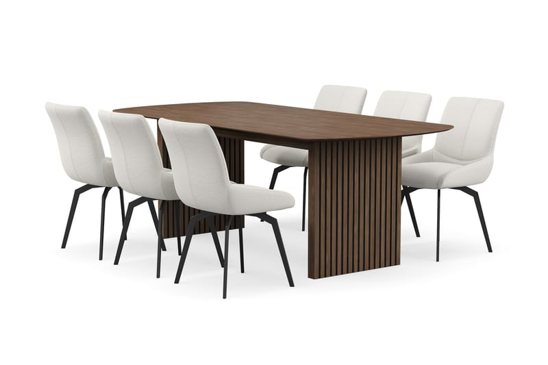 Richeto Spisegruppe Røget Eg 210 cm med 6 Mora Drejestole, Røget eg/Lys beige