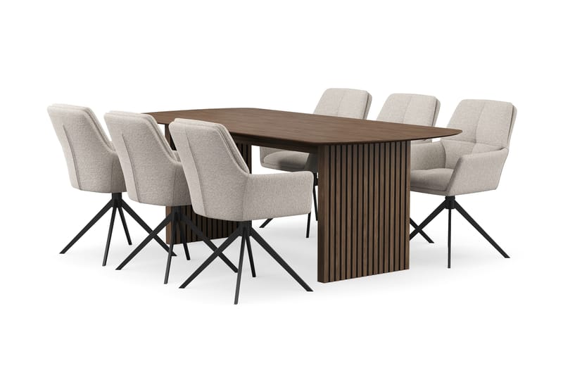 Richeto Spisegruppe Røget Eg 210 cm med 6 Torsby Drejestole, Røget eg/Mørk beige