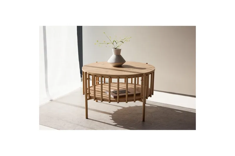 Rubbo Rundt Sofabord 80 cm med Hylder i Træ med Lyst Træ - Beige - Møbler - Borde - Sofabord