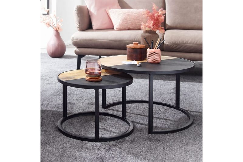 Sætbord Wohnling Sæt áf 2 massivt træ stenoptik metalben industriel - Møbler - Borde - Aflastningsbord - Indskudsborde