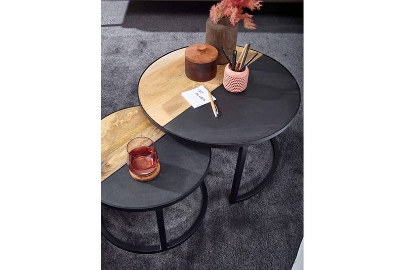 Sætbord Wohnling Sæt áf 2 massivt træ stenoptik metalben industriel - Møbler - Borde - Aflastningsbord - Indskudsborde