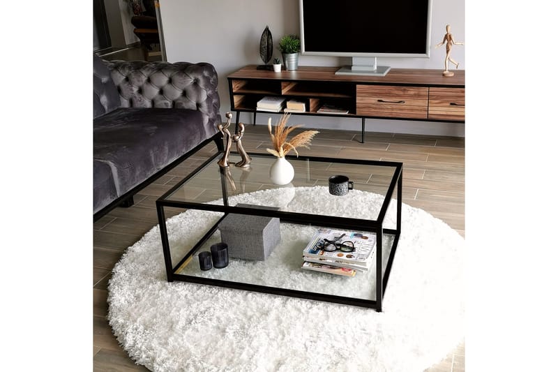 Sabani Sofabord 90 cm med Opbevaringshylde - Glas/Sort - Sofabord