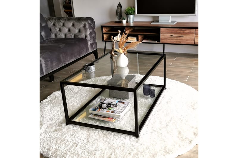 Sabani Sofabord 90 cm med Opbevaringshylde - Glas/Sort - Sofabord