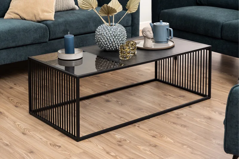 Saklani 120x60 cm Rektangulært Sofabord i Metal med Glasplade - Sort - Møbler - Borde - Sofabord