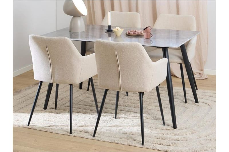 Sanjoan Spisegruppe 140 Cm + 4 Nielsby Spisestuestole, Grå/Beige/Sort