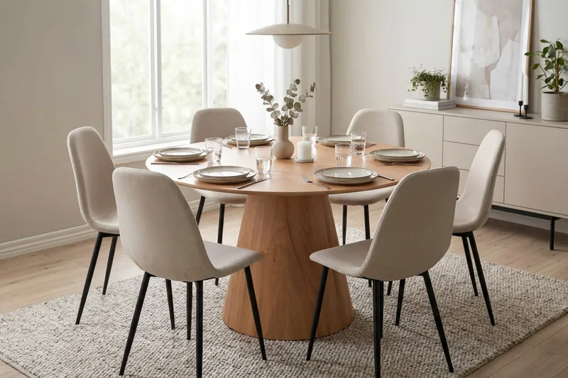 Siena Matgruppe rund 130 cm Eg med 6 Nibe-spisestole - Eg - Møbler - Borde - Spisebordssæt