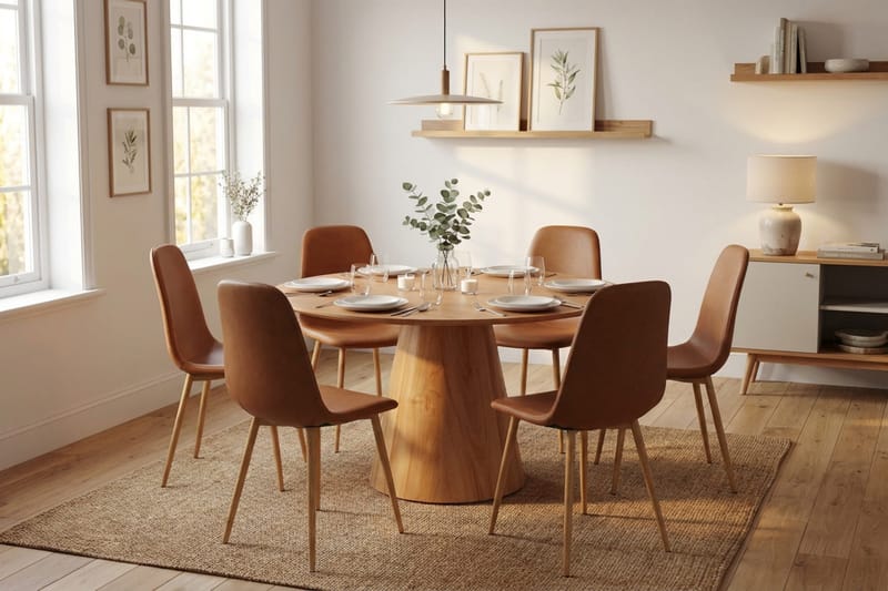 Siena Matgruppe rund 130 cm Eg med 6 Nibe-spisestole - Eg - Møbler - Borde - Spisebordssæt