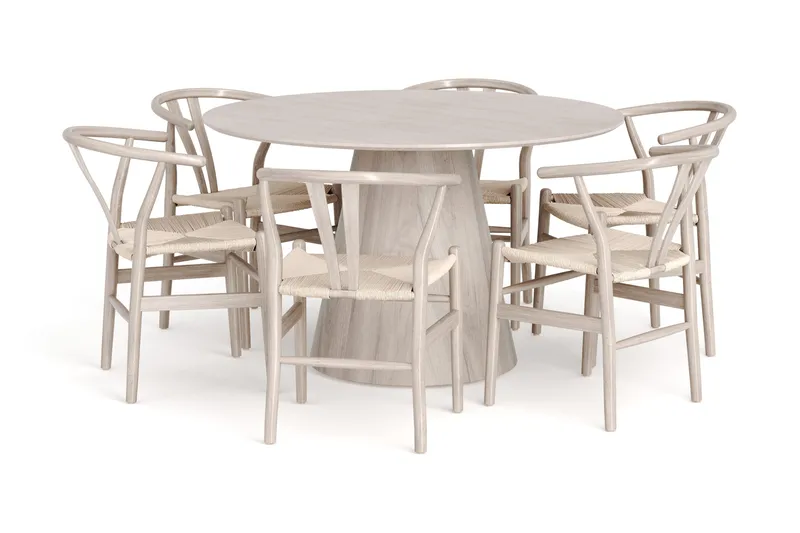 Siena Matgruppe rund 130 cm Hvidlakeret med 6 Dastoori-spisestole, Hvidolieret