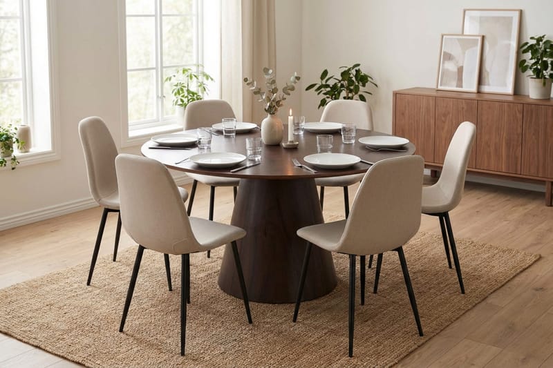 Siena Matgruppe rund 130 cm Røget eg med 6 Nibe-spisestole - Røget eg - Møbler - Borde - Spisebordssæt