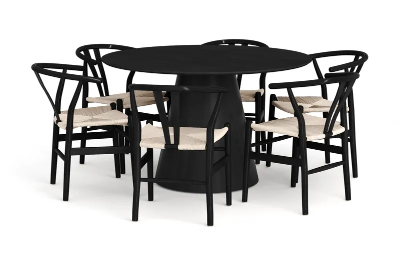 Siena Matgruppe rund 130 cm Sort med 6 Dastoori-spisestole, Sort