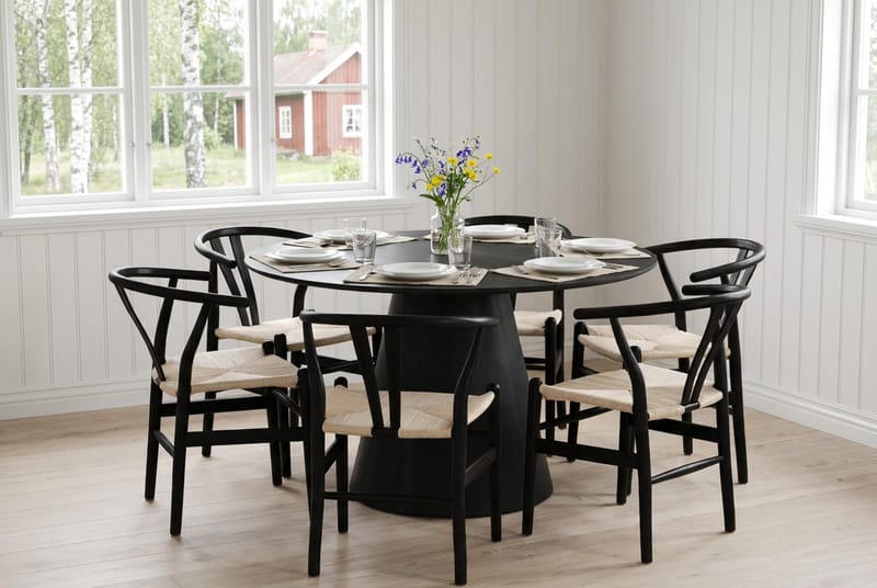 Siena Matgruppe rund 130 cm Sort med 6 Dastoori-spisestole - Sort - Møbler - Borde - Spisebordssæt