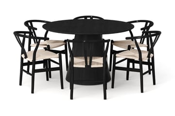 Siena Matgruppe rund 130 cm Sort med 6 Dastoori-spisestole - Sortbejdset eg - Møbler - Borde - Spisebordssæt