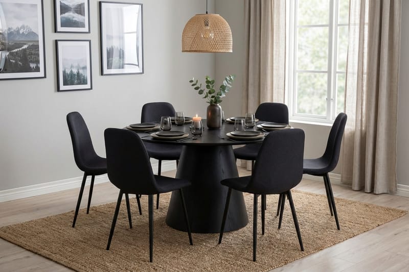 Siena Matgruppe rund 130 cm Sort med 6 Nibe-spisestole - Sort - Møbler - Borde - Spisebordssæt