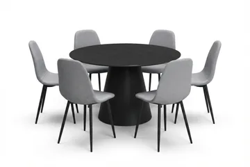 Siena Matgruppe rund 130 cm Sort med 6 Nibe-spisestole - Sort - Møbler - Borde - Spisebordssæt