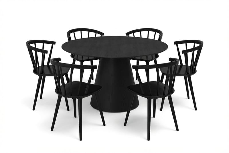 Siena Matgruppe rund 130 cm Sort med 6 Tyrö-spisestole, Sort