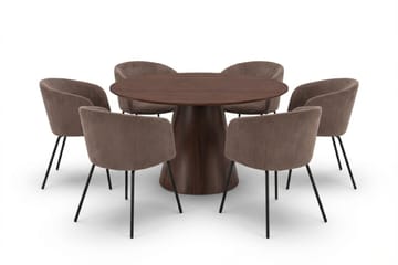 Siena Matgruppe rund 130 cm Valnød med 6 Berit-spisestole - Valnød - Møbler - Borde - Spisebordssæt